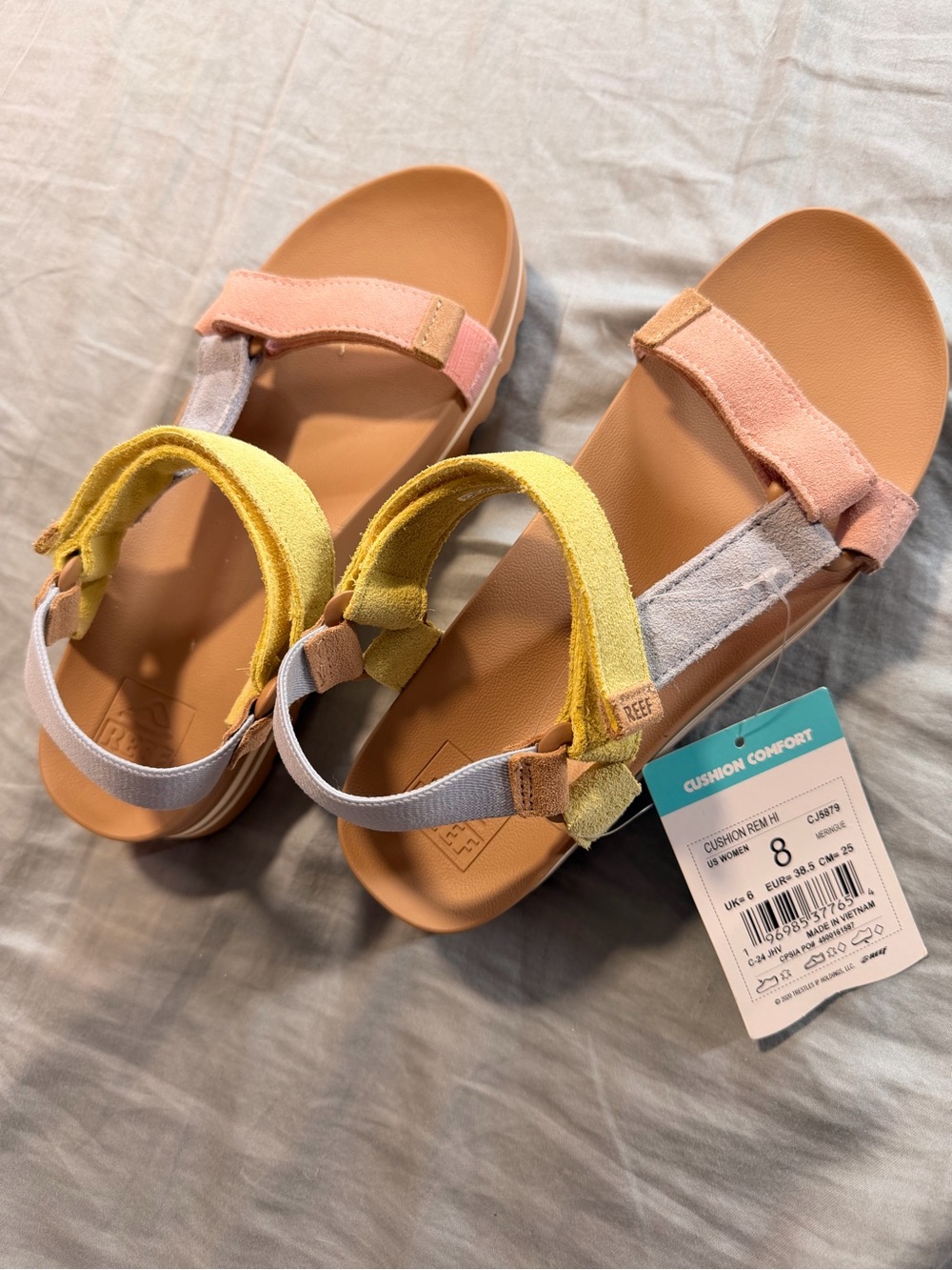 Reef Pink and Yellow Strap Sandals with Tan Footbed